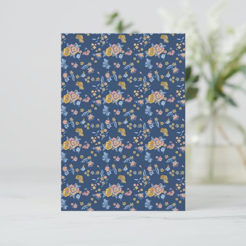 Blue Background Thread Effect Floral Pattern Thank You Card