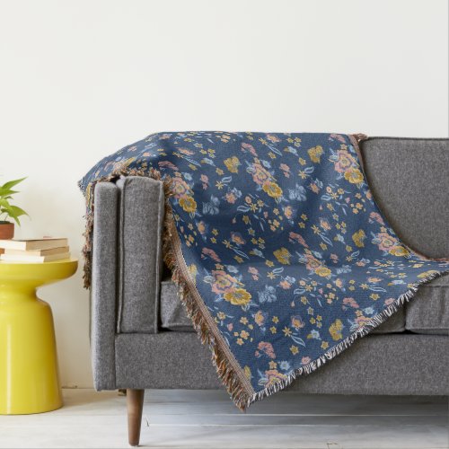 Blue Background Thread Effect Floral Pattern Throw Blanket