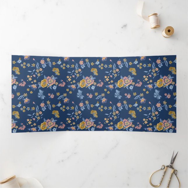 Blue Background Thread Effect Floral Pattern Tri-Fold Announcement (Inside)