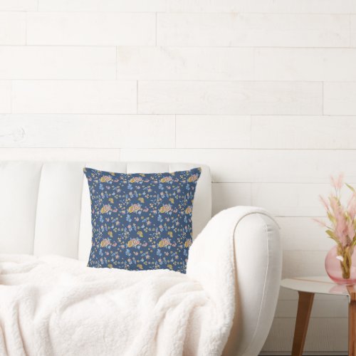 Blue background thready embroidery effect Floral Throw Pillow