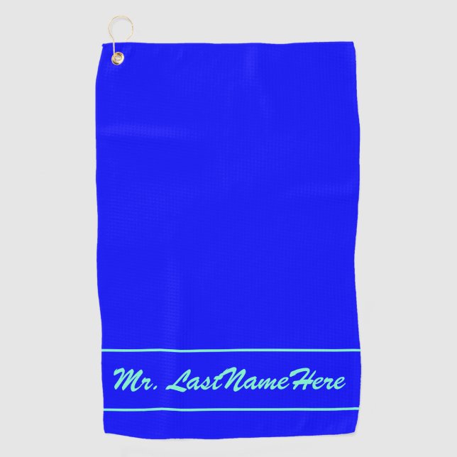 Blue Background w/ Aquamarine Script-Like Name Golf Towel (Front)