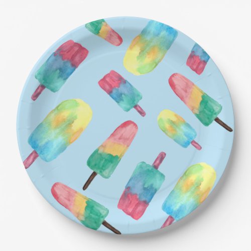 Blue background Watercolor Colorful Popsicles Paper Plates