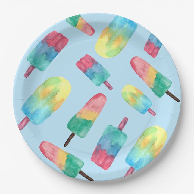 Blue background Watercolor Colorful Popsicles Paper Plates (Front)