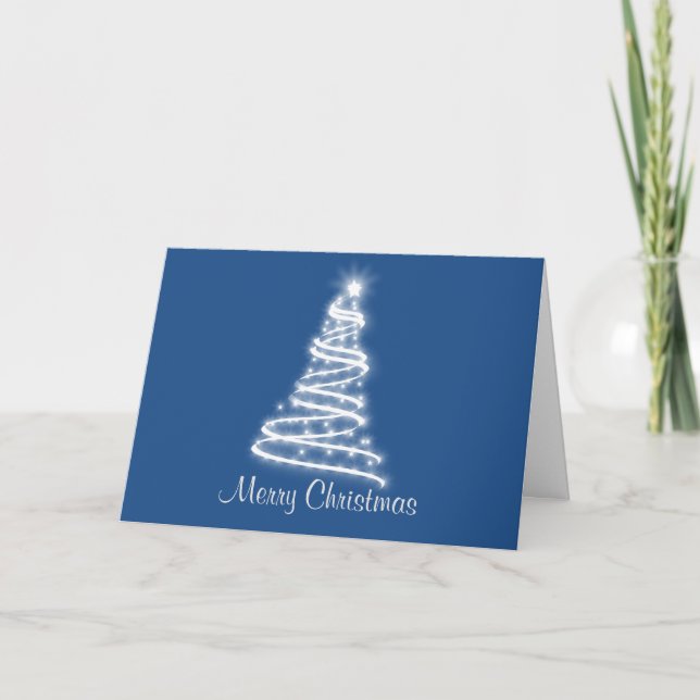Blue background White Christmas Tree Holiday Card (Front)