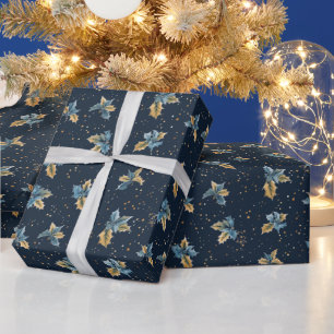Blue Background With Gold & Blue Holly Leaves Wrapping Paper