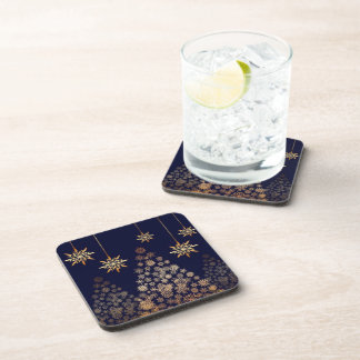 Blue Background with Golden Christmas Tree Beverage Coaster