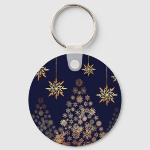 Blue Background with Golden Christmas Tree  Keychain