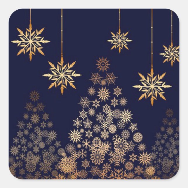 Blue Background with Golden Christmas Tree Square Sticker (Front)