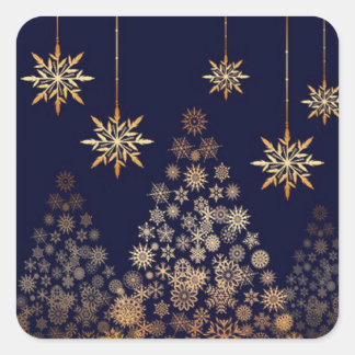 Blue Background with Golden Christmas Tree Square Sticker