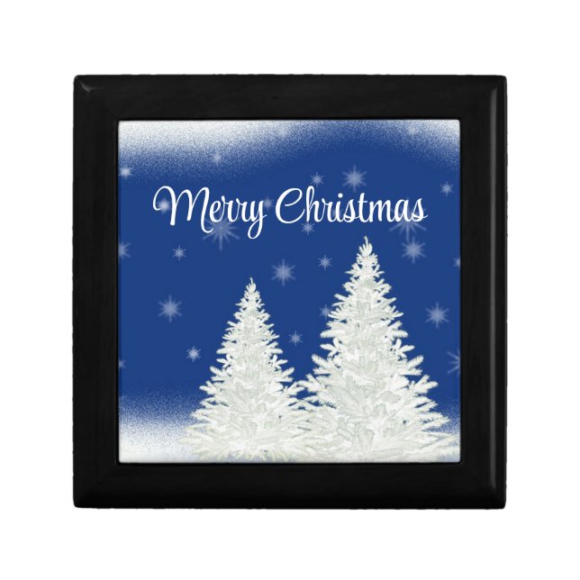 Blue Background With Withe Christmas Tree  Coaster Gift Box (Front)