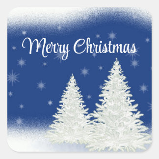 Blue Background With Withe Christmas Tree Square Sticker