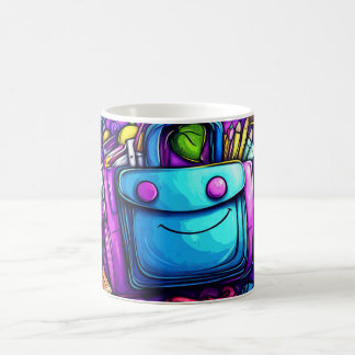 blue backpack surrounded by colorful school suppli coffee mug