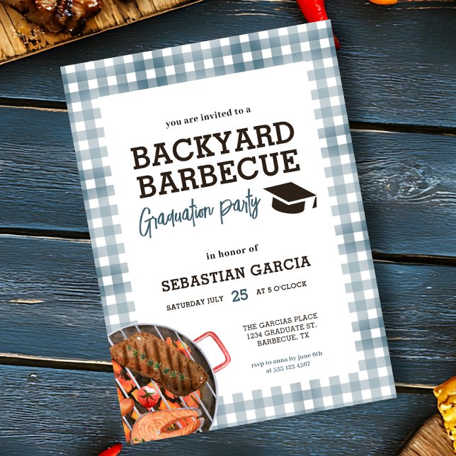 Blue Backyard BBQ Graduation Party Invitation (- Invite shown in 5 x 7 inches, choose size, paper and corner style. Buy print or digital invitation)