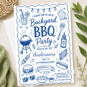 Blue Backyard BBQ Party Summer Hand Drawn Doodle Invitation