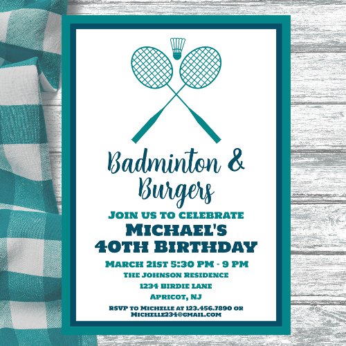 Blue Badminton Party Sports BBQ Birthday Invitation