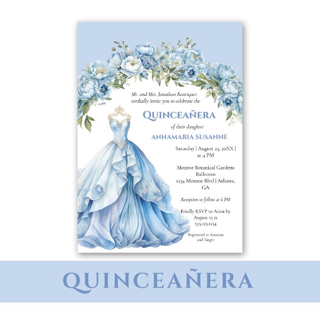 Blue Ball Gown Blue Floral Quinceañera |  Invitation (Creator Uploaded)