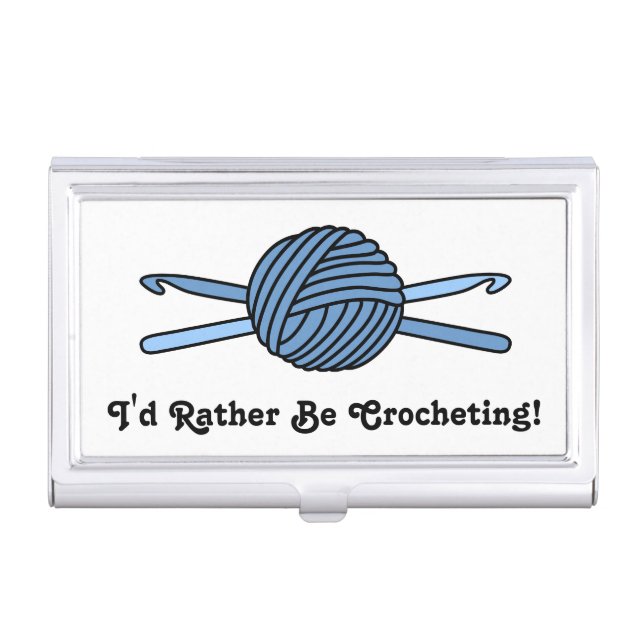 Blue Ball of Yarn & Crochet Hooks Business Card Holder (Front)