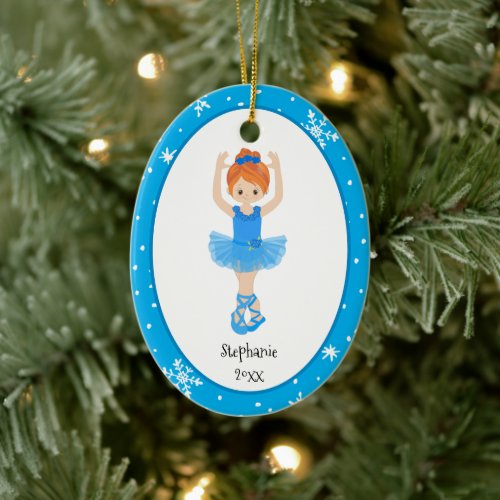 Blue Ballerina Snowflakes Personalized Christmas Ceramic Ornament