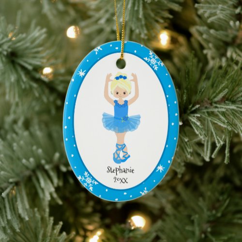 Blue Ballerina Snowflakes Personalized Christmas Ceramic Ornament