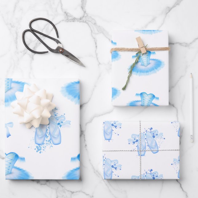 Blue Ballet Birthday Tutu & Pointe Shoes Wrapping Paper Sheets (Front)