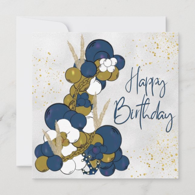 Blue Balloon Anchor Happy Birthday Flat Card (Front)