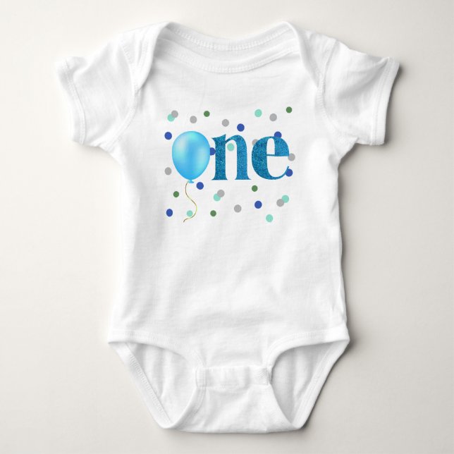 Blue Balloon and Confetti First Birthday Baby Bodysuit (Front)