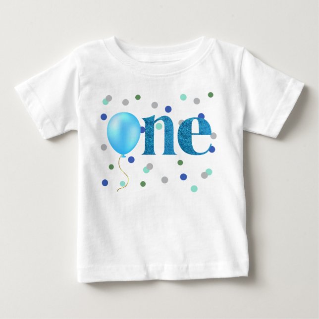 Blue Balloon and Confetti First Birthday Baby T-Shirt (Front)