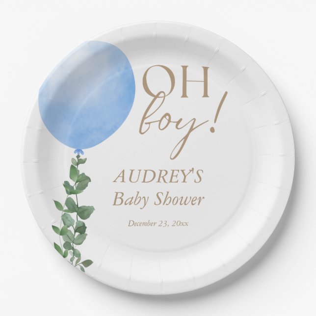 Blue Balloon Baby Boy Shower Invitation Oh Boy Paper Plates (Front)