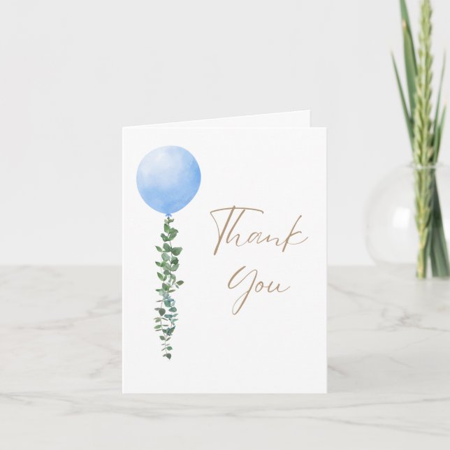 Blue Balloon Baby Boy Watercolor Thank You Card (Front)