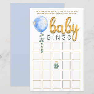 Blue Balloon Baby Shower Bingo Game Card