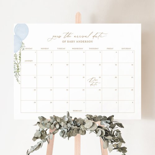 Blue Balloon Baby Shower Due Date Calendar Foam Board