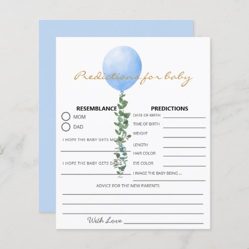 Blue Balloon Baby Shower Game Predictions Card