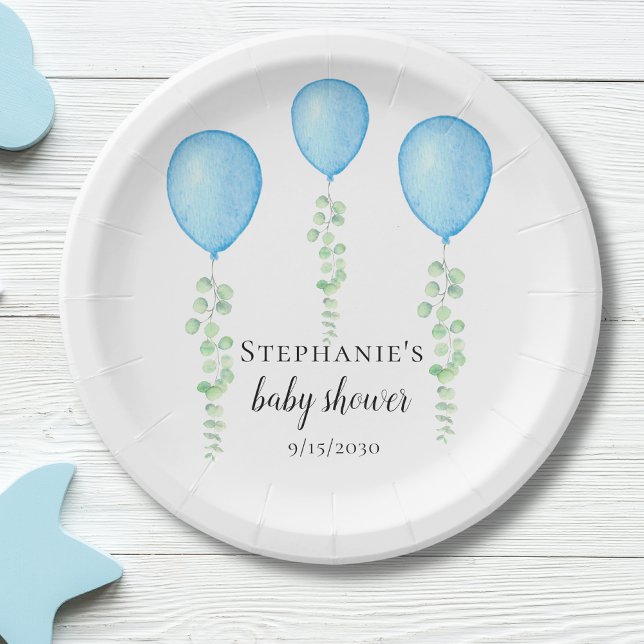  Blue Balloon Baby Shower Greenery  Paper Plates (Creator Uploaded)
