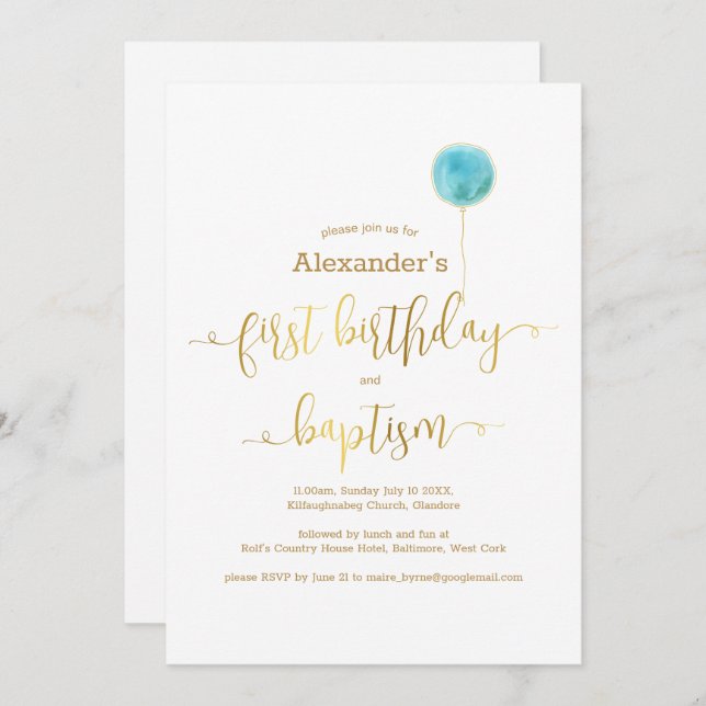 Blue Balloon Baptism & 1st Birthday Gold Script Invitation (Front/Back)