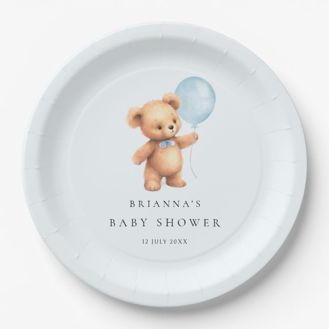 Blue Balloon Bear Baby Shower Paper Plates (Front)