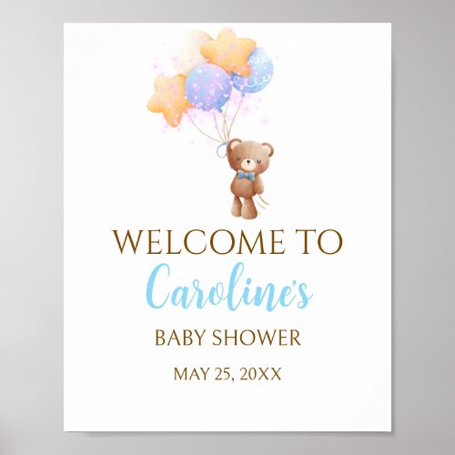 Blue Balloon Bear Baby Shower Welcome Poster