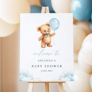 Blue Balloon Bear Baby Shower Welcome Sign