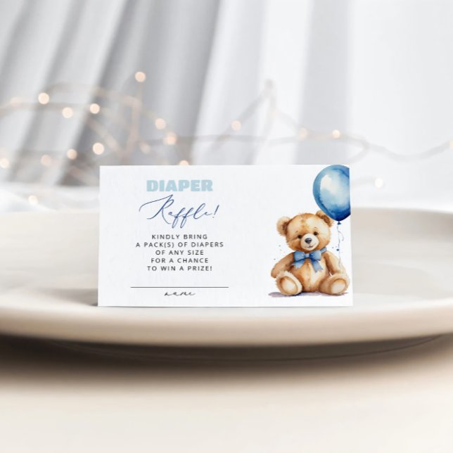 Blue Balloon Bear Diaper Raffle Boy Baby Shower Enclosure Card (Creator Uploaded)