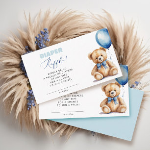 Blue Balloon Bear Diaper Raffle Boy Baby Shower Enclosure Card