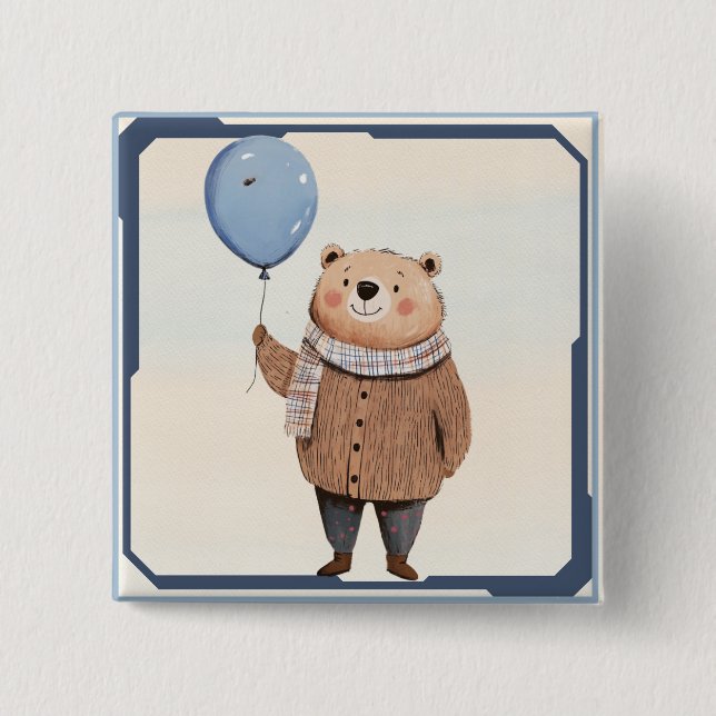Blue Balloon Bear in Brown Sweater Plaid Scarf Button (Front)
