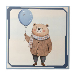 Blue Balloon Bear in Brown Sweater Plaid Scarf Ceramic Tile