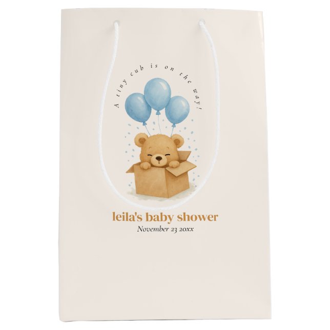 Blue Balloon Bear Watercolor Baby Shower Medium Gift Bag (Front)