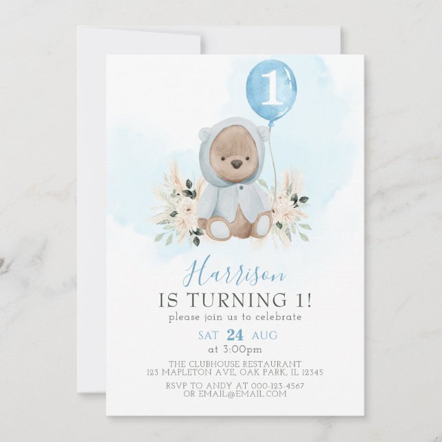  Blue Balloon Boho Teddy Bear 1st Birthday Invitation (Front)