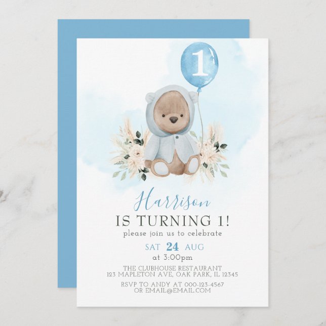  Blue Balloon Boho Teddy Bear 1st Birthday Invitation (Front/Back)