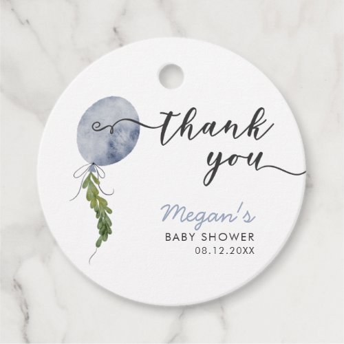 Blue Balloon Botanical Leaves Baby Shower Favor Tags