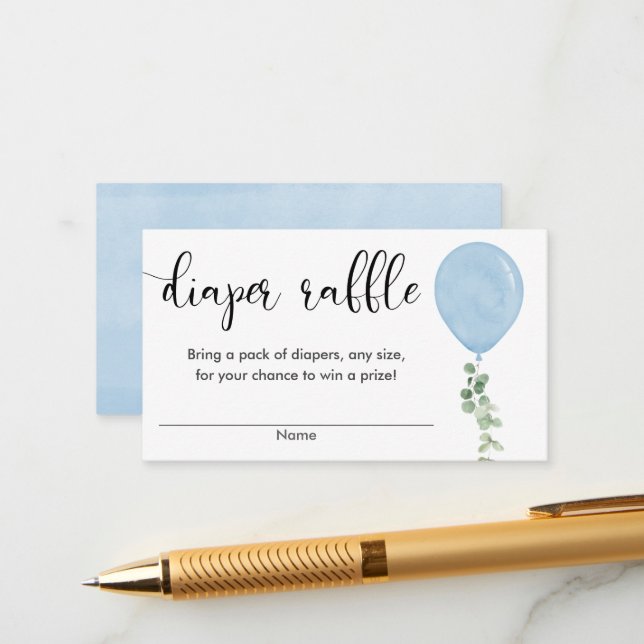 Blue balloon boy baby shower diaper raffle enclosure card (Front/Back In Situ)