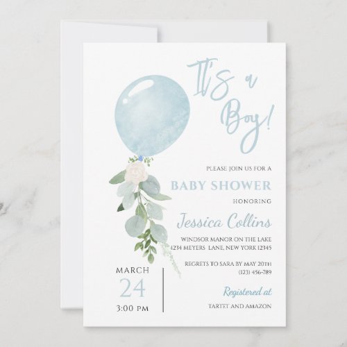 Blue Balloon Boy Baby Shower Invitation