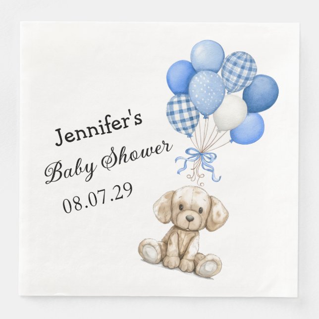 Blue Balloon Boy Baby Shower Paper Napkin (Front)