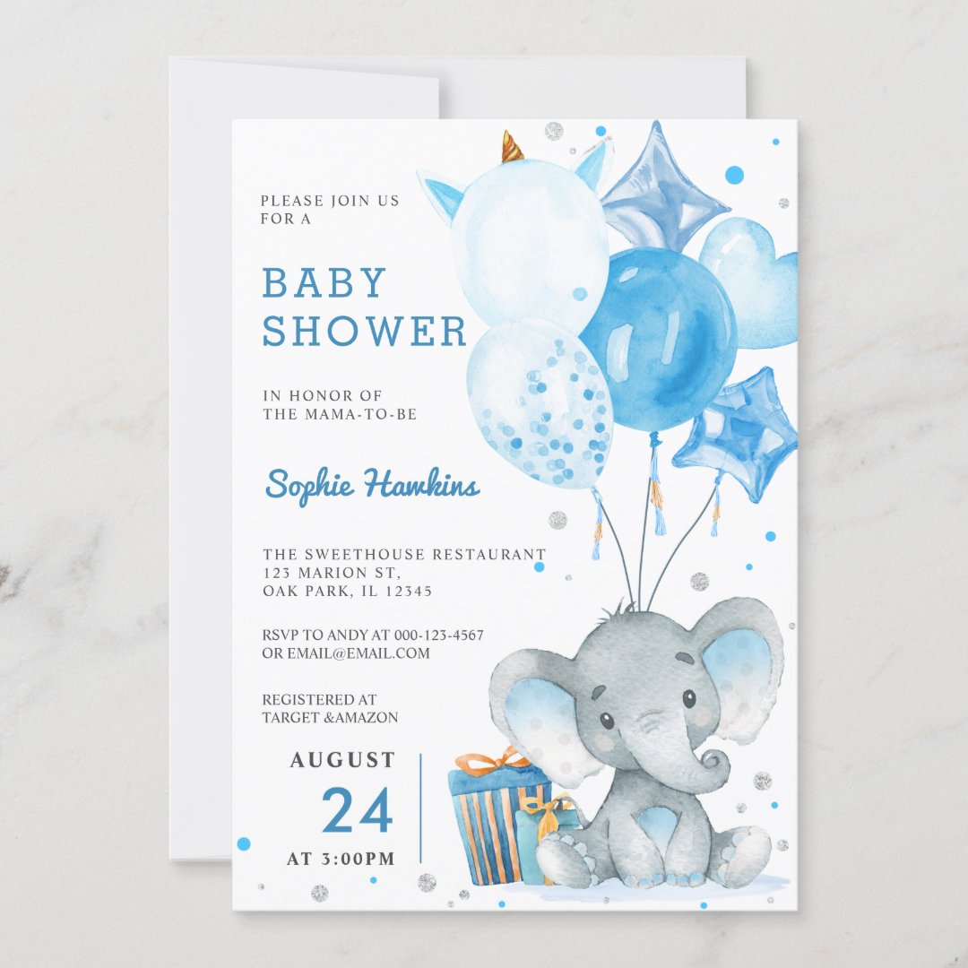 Blue Balloon Boy Silver Elephant Baby Shower Invitation | Zazzle