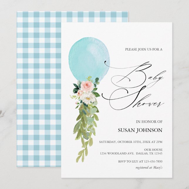 Blue Balloon Calligraphy Script Baby Shower Invitation (Front/Back)
